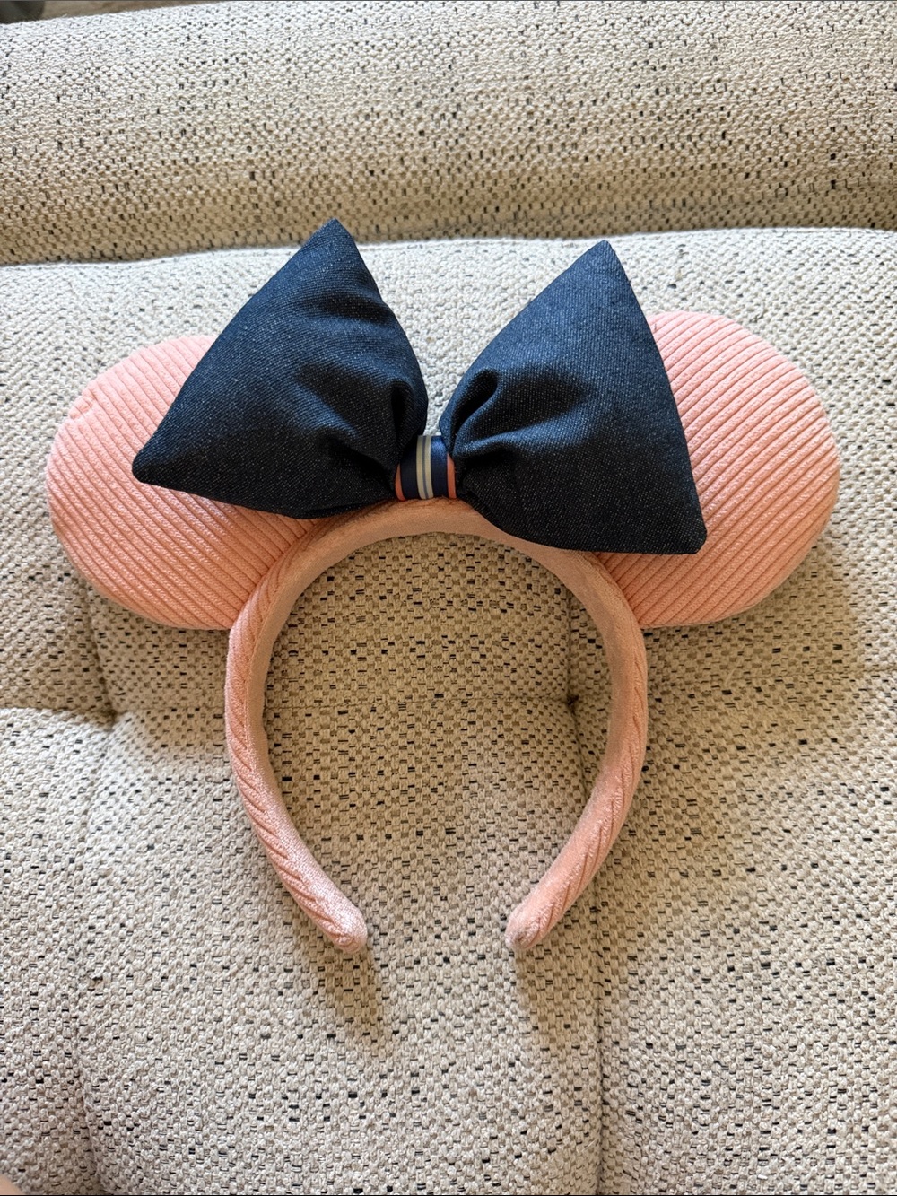 Pink Corduroy Minnie Ear Headband with w Denim Blue Bow